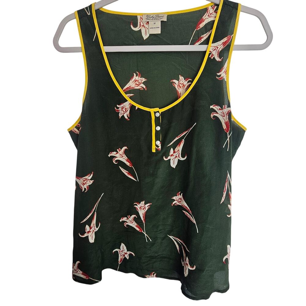 Lucky Brand Womens Floral Silk Tank Top Size M Cottagecore Boho Western Olive